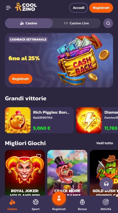 Ottieni cashback settimanale giocando su Coolzino mobile